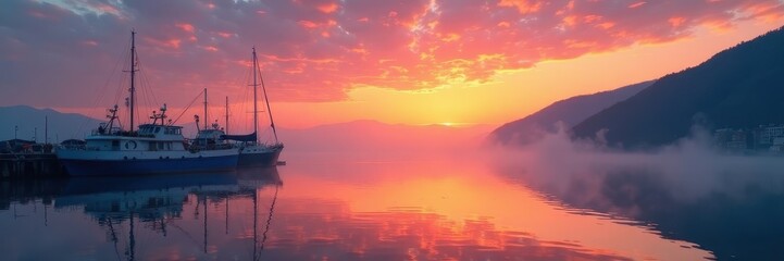 Obraz premium Harbor shrouded in morning mist, sunrise paints sky vibrant hues, spectacular, phenomenal
