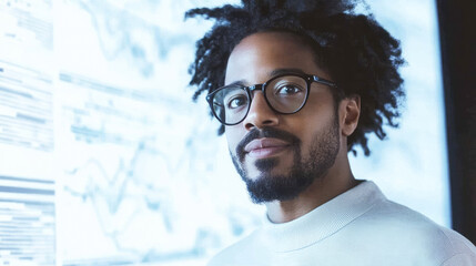 A young professional man stands confidently in an office environment, showcasing modern design elements and a focused expression that captures determination and ambition.