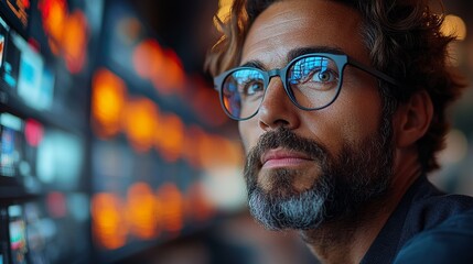 Focused man with glasses and a beard looking thoughtfully at a screen with colorful data; intelligence, analytics, analysis, learning
