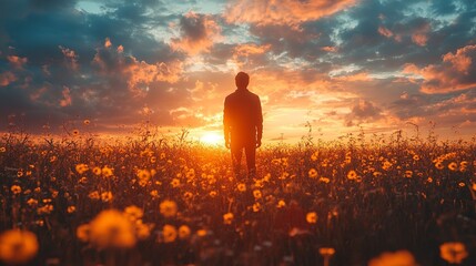 Solitary figure stands silhouetted against a vibrant sunset, amidst a field of wildflowers. A peaceful, reflective moment in nature.