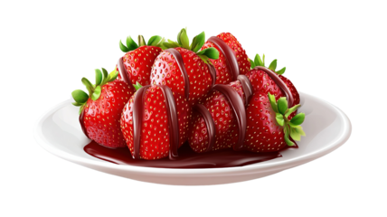 "A plate of fresh strawberries with chocolate syrup elegantly drizzled over them, isolated on transparent background, perfect for a dessert scene.