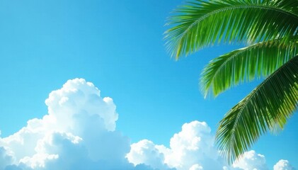 Fototapeta premium Fluffy white clouds float gently on a clear bright blue sky with swaying coconut leaves, calmness, nature, green leaves