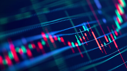 A chart of stock market crypto candlesticks on a dark blue background. Analysis of investment trading in the field of cryptocurrencies. AI Generated Images