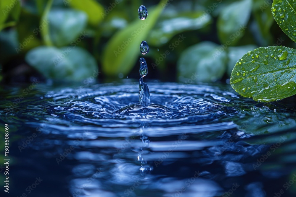 Poster a single water droplet falls into a pool of water, creating ripples and waves