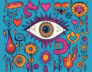 Naklejka premium symmetrical pattern with colorful geometric shapes and an eye in the center.