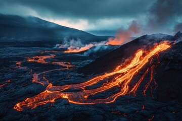 Fototapeta premium Volcanic landscape with lava flows, epitomizing the fiery wrath of nature, with visible smoky eruptions and a charred, desolate backdrop