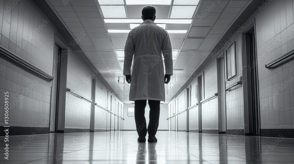 Poster a scientist in a lab coat walks down a hallway, likely on his way to conduct experiments or attend m