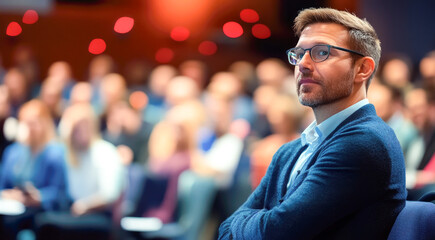 Fototapeta premium A man in glasses observes attentively during a presentation, capturing the essence of focused engagement and the thirst for knowledge in professional and educational environments.