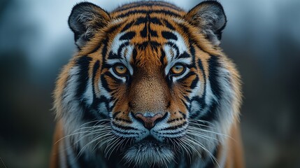 Fototapeta premium A striking portrait of a tiger with intense golden eyes and distinctive black stripes. The tiger exudes strength and wilderness.