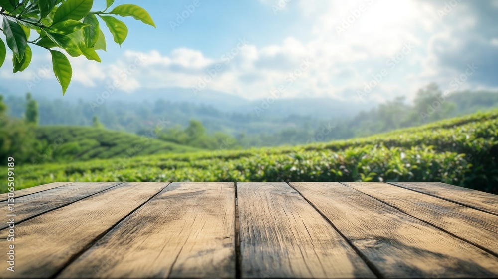 Poster a rustic wooden table stands proudly in the foreground, while vibrant green hills curve into the dis