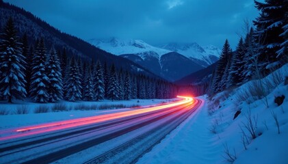 Streaking car lights illuminate snowy mountain road at dusk Blue hour sky, forest backdrop , exploration, serene