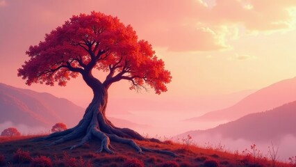 Majestic Crimson Tree on a Misty Mountaintop at Dawn, a Serene Landscape Painting