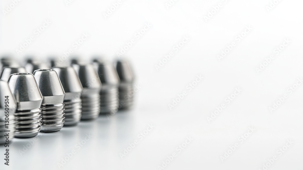 Poster Dental implants arranged in a row showcasing smooth metal and ceramic surfaces with blank space for additional text Generative AI
