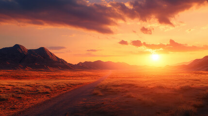 Naklejka premium scenic sunset over desert landscape with mountains in distance, featuring winding dirt road leading towards horizon. warm colors evoke sense of tranquility and adventure