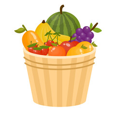 Fresh Fruits and Vegetables in Wooden Baskets. A Basket of 