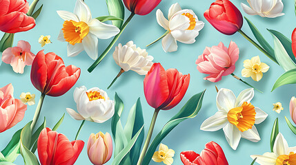 floral pattern with vibrant tulips and daffodils on a soft pastel blue background high quality 