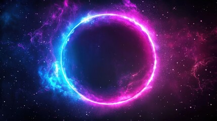 Fototapeta premium pink circle light frame on black background. Pink light effects on round placeholder for your text on dark background. A blue glowing circle. For futuristic or technology-themed designs