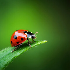 Fototapeta premium vibrant ladybug perched on green leaf, showcasing its striking red body and black spots against soft green background. This close up captures beauty of nature