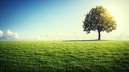 Obraz premium Single Tree in a Green Field Under a Sunny Sky