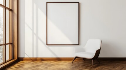 Modern Minimalist Interior with Empty Frame and Cozy Armchair by Window