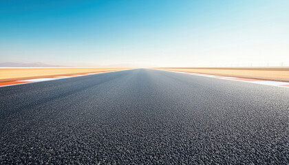 Naklejka premium long empty tarmac road stretches into distance under clear blue sky, evoking sense of freedom and adventure. smooth asphalt contrasts with surrounding landscape, inviting exploration