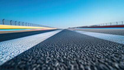 long empty tarmac road stretches into distance under clear blue sky, showcasing smooth surface and vibrant track markings, evoking sense of speed and anticipation