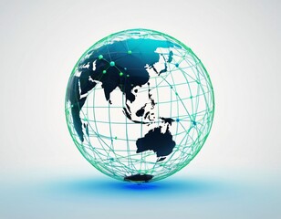 Fototapeta premium Stylized digital globe logo, featuring interconnected lines and dots to symbolize global connectivity and advanced technology, in cybernetic blue and digital green colors, white background