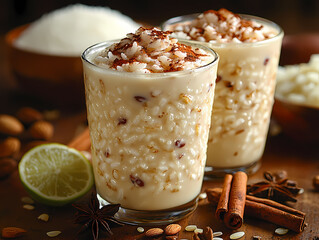 Delicious dessert with creamy rice pudding topped with nuts and spices Generative AI