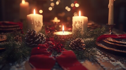 Christmas table setting with candles, pinecones, and red ribbons, festive and elegant, ultra-detailed, 8k
