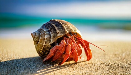 Hermit crab with a shell on a sandy beach near the ocean