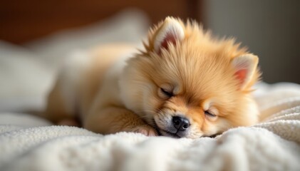 Fluffy Pomeranian puppy sleeping on soft blanket, fluffy, animal