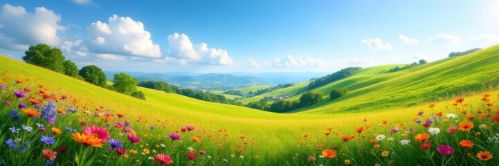 Rolling hills blanketed in colorful wildflowers, breathtaking clear sky , perspective, altitude, countryside