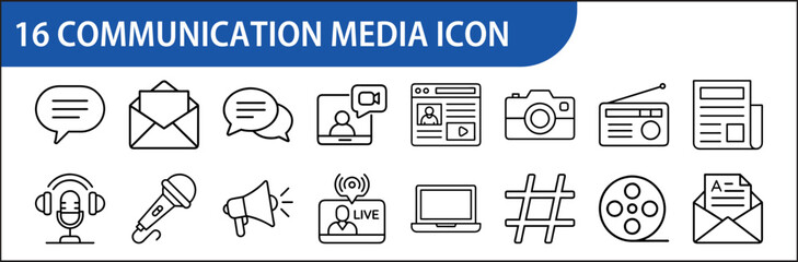 16 Communication Media Icons in Line Style - A set of 16 black and white line icons representing various communication media, including email, social media, radio, and news.