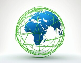 Stylized digital globe logo, featuring interconnected lines and dots to symbolize global connectivity and advanced technology, in cybernetic blue and digital green colors, white background