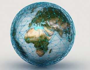 Stylized digital globe logo, featuring interconnected lines and dots to symbolize global connectivity and advanced technology, in cybernetic blue and digital green colors, white background