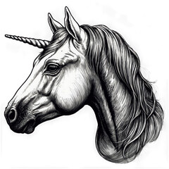 Unicorn head detailed sketch illustration. White horse with horn portrait. Black and white drawing, transparent png, isolated.