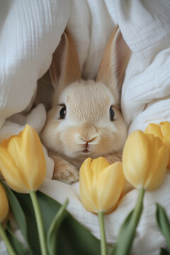  A cute, cream-colored miniature bunny nestled in the middle of a white blanket, surrounded by yellow tulips. Close up. Cute animal cover. Minimal Easter and spring idea