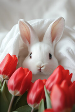 A white, fluffy bunny snuggled up in soft, warm blankets, surrounded by vibrant red tulips, creating an adorable and cozy scene for the Easter celebration. Minimal spring idea. Easter wallpaper
