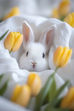 A white, fluffy bunny peeking out of the cotton blanket, surrounded by yellow tulips. Cute Easter and spring wallpaper