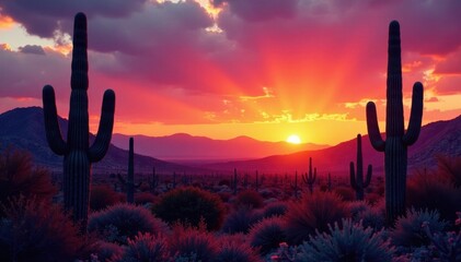 Tucson Arizona desert sunset, vibrant colors, saguaro silhouettes, orange, landscape
