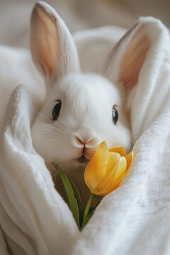 A cute white bunny is wrapped in soft, fluffy fabric with single yellow tulip, peeking out from the blanket.  Close up. Cute animal cover. Minimal Easter and spring idea