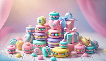 Fototapeta premium Pastel-colored macarons with intricate decorations and small gift boxes, arranged on a soft pink surface. Sweet and delicate dessert photography. 