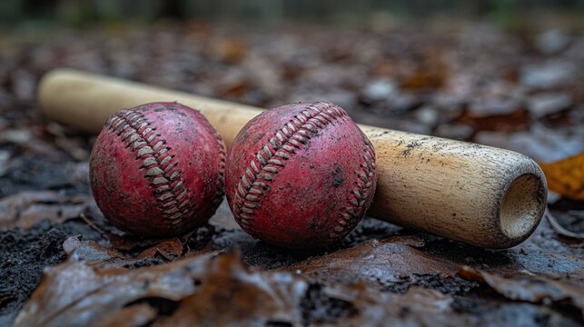 Two baseballs and a bat lying on grassy terrain, ready for play or game - Powered by Adobe