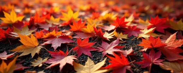 Scattered crimson, gold, and orange maple leaves on ground, maple leaf, image