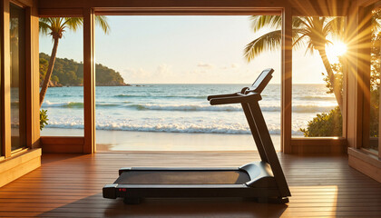 Luxurious treadmill overlooking tropical beach at sunset, fitness oasis