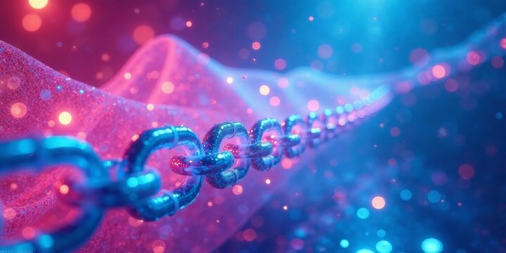 Sparkling Chain Links Draped in a Shimmering, Ethereal Fabric Underneath Vivid Neon Lights