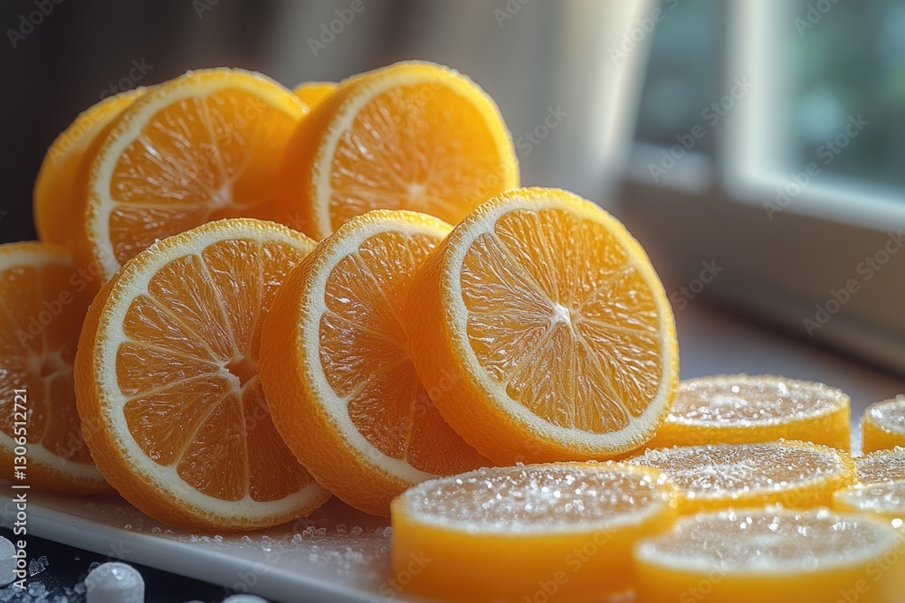 Poster freshly sliced oranges arranged on a clean white plate, perfect for serving or styling