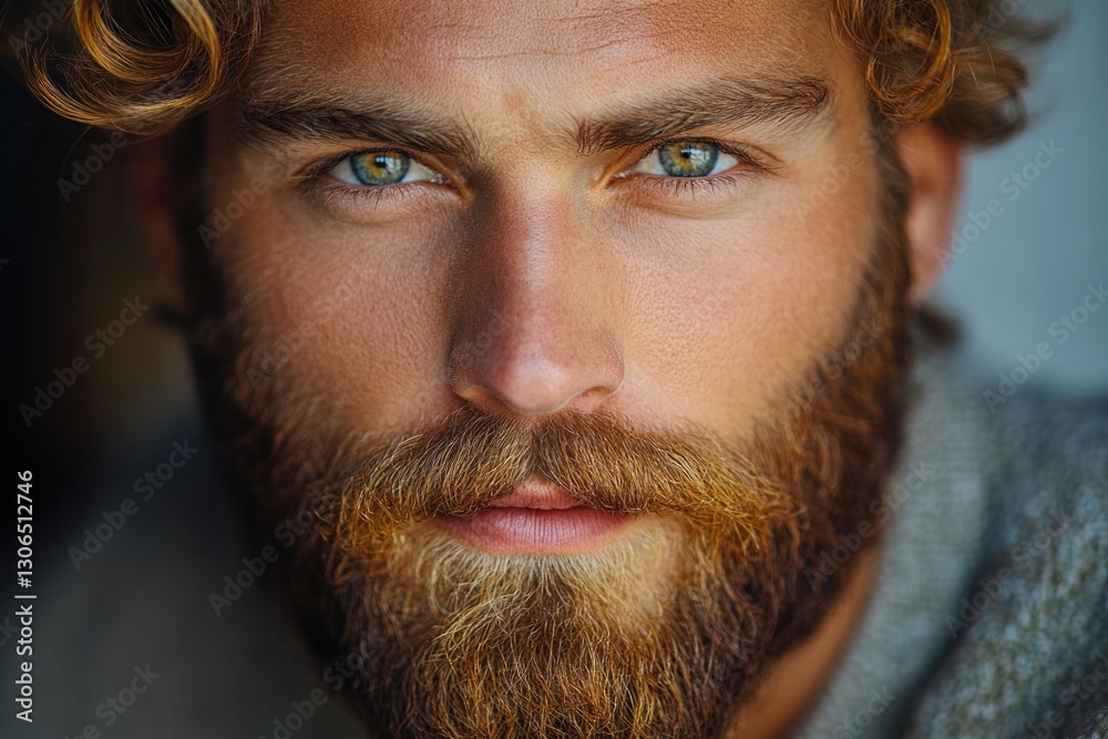 Poster close-up shot of a man's face with a well-groomed beard, ideal for use in editorials or advertising 