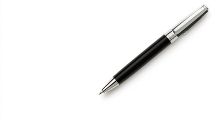 Elegant black pen resting on a clean white background for minimalistic design purposes