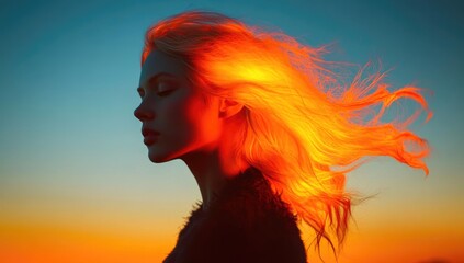 Beautiful woman with orange hair translucent flowing fabric blowing in the wind.